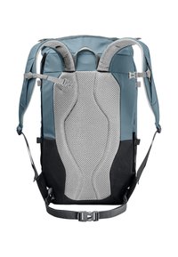 Zaino con imbottitura in rete traspirante, spallacci regolabili, principalmente blu con accenti grigi. Presenta una sezione inferiore nera e clip di hardware.