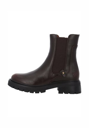 Bottines en cuir marron avec des panneaux élastiques sur les côtés, une semelle robuste et des accents décoratifs. Présentent une finition texturée et une forme classique.