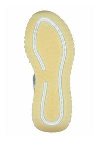 Suola di sneakers in materiale gommoso di un marrone chiaro texturizzato, con un accento curvo bianco e motivi scanalati per una migliore aderenza.