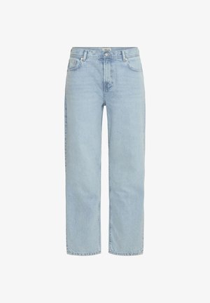 Lyseblå jeans med lige ben, fem lommer, knap- og lynlåslukning samt bæltestropper.