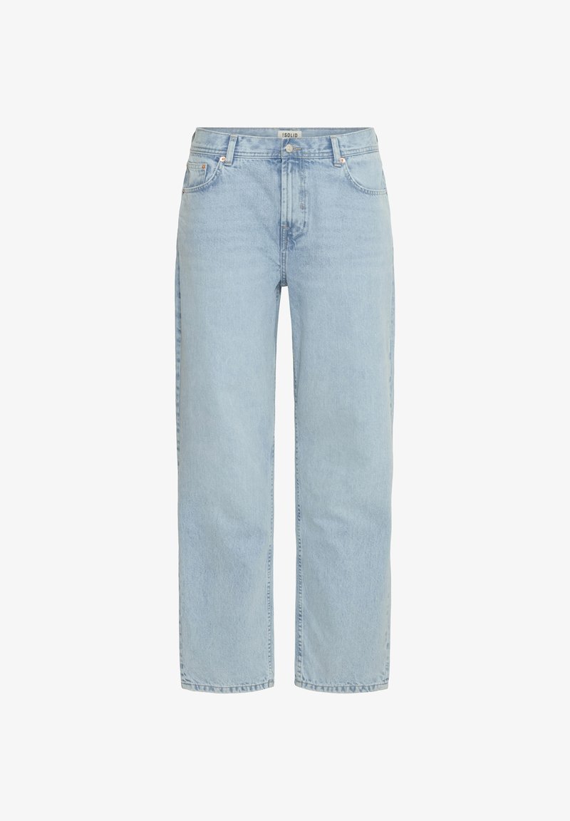 Lyseblå jeans med lige ben, fem lommer, knap- og lynlåslukning samt bæltestropper.