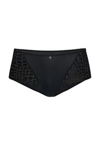 Black underwear featuring a crocodile pattern on the sides, soft material, scalloped trim, and a small decorative emblem at the center.