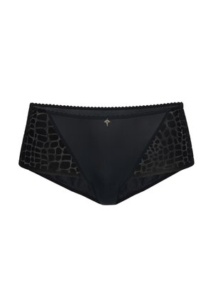 Biancheria intima nera con motivo a coccodrillo sui lati, materiale morbido, bordatura smerlata e un piccolo emblema decorativo al centro.