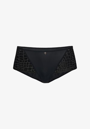 Zwarte ondergoed met een krokodillenpatroon aan de zijkanten, zacht materiaal, gegolfde rand en een klein decoratief embleem in het midden.