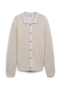 Cream-colored knitted cardigan with a collared neck, front button closure, and long sleeves, featuring textured fabric and decorative buttons.