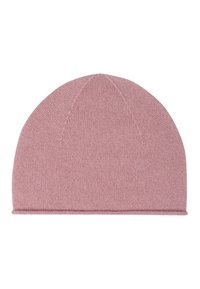 Gebreide beanie in zacht roze, met een aansluitend ontwerp en een gebogen bovenkant en een smalle omgeslagen rand. Zachte textuur zonder patronen.