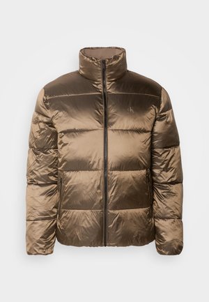 Puffer jacket in bronze satin finish, featuring a high collar, front zip closure, and quilted sections for padding.