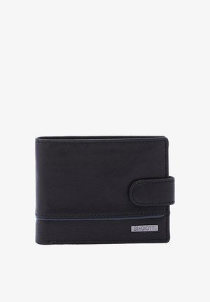 Portefeuille en cuir noir avec une surface texturée, une fermeture à fermoir et un subtil accent bleu. Présente un logo en argent à l'avant.