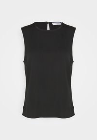 Černý top bez rukávů vyrobený z hladkého materiálu. Obsahuje kulatý výstřih s výřezem ve tvaru klíče na zádech a rovný lem.