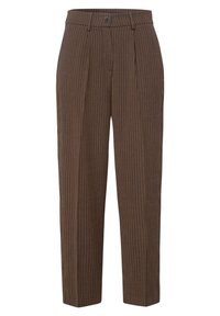 Pantalons ajustés rayés verticaux marron et noir avec plis avant, fermeture à bouton et passants de ceinture.