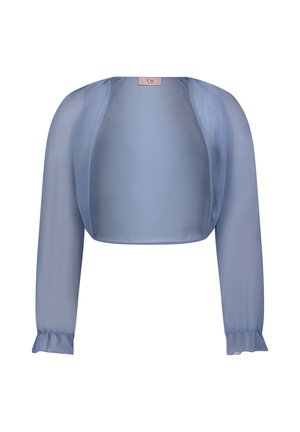 Boléro court bleu clair transparent à manches longues avec poignets élastiques froncés, design à ouverture frontale.