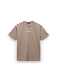 Brown cotton t-shirt featuring short sleeves, a round neck, and a white logo print on the front. Smooth texture, casual design.