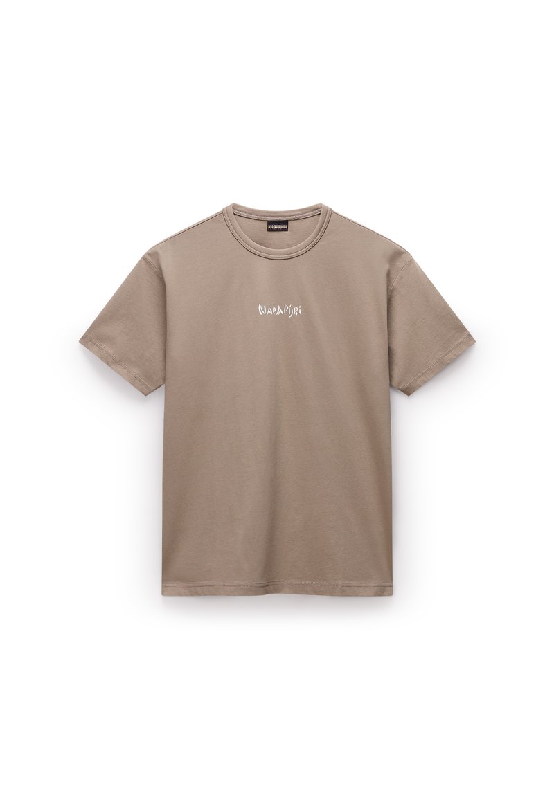 Brązowy bawełniany T-shirt z krótkimi rękawami, okrągłym dekoltem i białym nadrukiem logo z przodu. Gładka tekstura, casualowy krój.