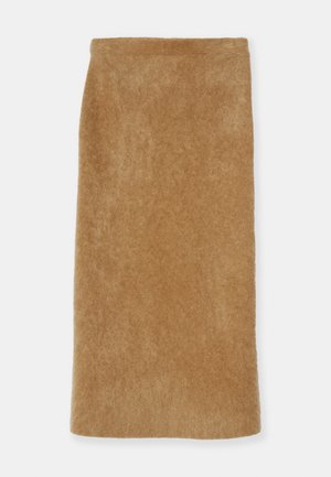 Jupe crayon en laine marron avec une finition texturée et douce, présentant une coupe droite et un design mi-long. Sans fermetures visibles ni motifs.