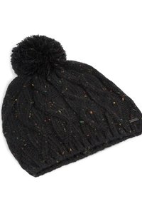Berretto lavorato a maglia nero con motivo a trecce testurizzato e macchie multicolori. Dotato di un morbido pom-pom in cima e di un piccolo etichetta con logo.