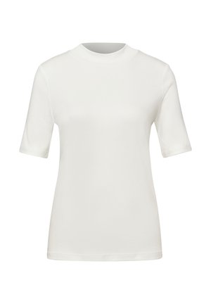 T-shirt blanc à manches courtes et col rond, en tissu lisse et uni avec une coupe régulière, présenté sur un fond neutre.