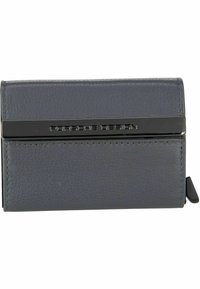 Portafoglio in pelle grigia dalla forma rettangolare, con una barra metallica nera accentuata incisa con "Porsche Design" sulla parte anteriore.