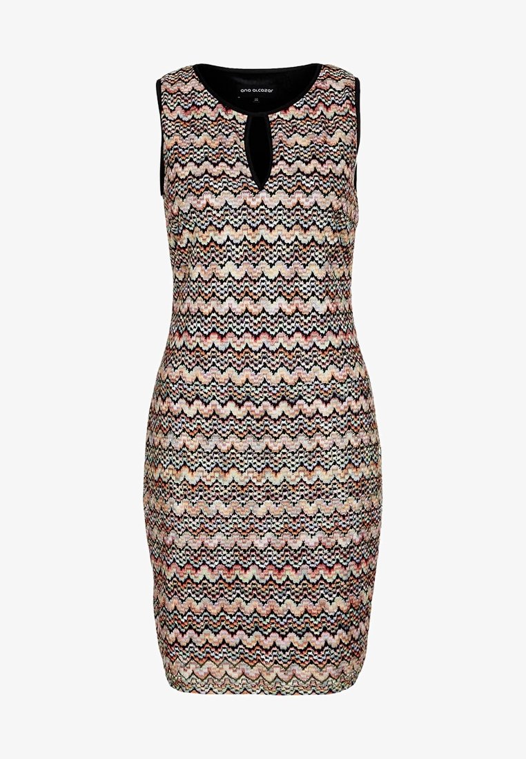 Robes sans manches en tricot avec un motif zigzag multicolore et un design en trou de serrure au niveau du col. Coupe près du corps, tissu texturé.
