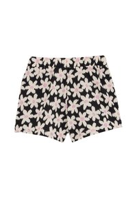 Black and cream patterned shorts with pink floral accents, featuring an elastic waistband and a soft-textured fabric.