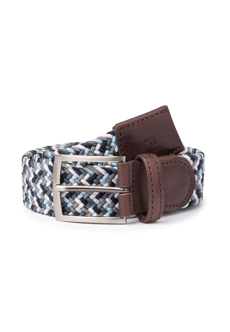 Geweven riem in tinten blauw, grijs en wit met bruine leren accenten en een zilveren metalen gesp. Beschikt over een gestructureerd, gevlochten ontwerp.