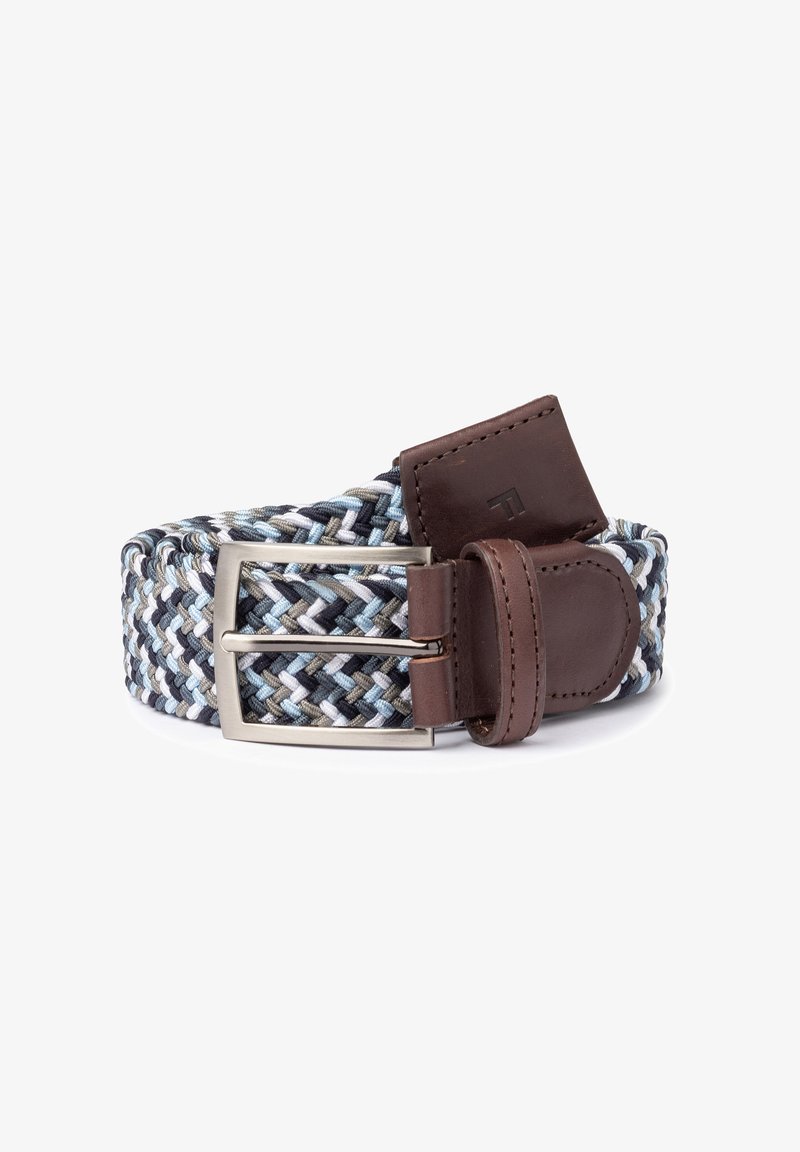Geweven riem in tinten blauw, grijs en wit met bruine leren accenten en een zilveren metalen gesp. Beschikt over een gestructureerd, gevlochten ontwerp.
