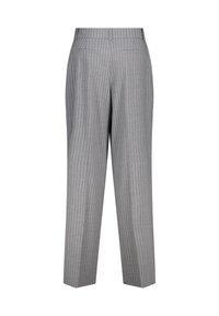 Gray trousers featuring a pinstripe pattern, straight cut, and two back pockets. Made from a smooth fabric with a tailored finish.