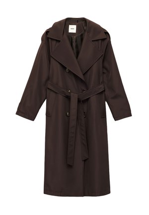 Brauner Trenchcoat aus glattem Stoff. Verfügt über einen breiten Kragen, doppelte Knopfleiste, einen Gürtel und seitliche Taschen.