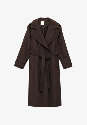 Brun trench coat lavet af glat stof. Har en bred krave, dobbeltknaplukning, bælte og sidelommer.