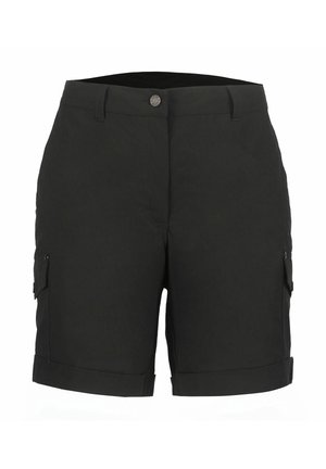 Sorte cargobukser lavet af letvægtsstof med to sidelommer, optrukne kanter og en knaplukning foran for en sikker pasform.