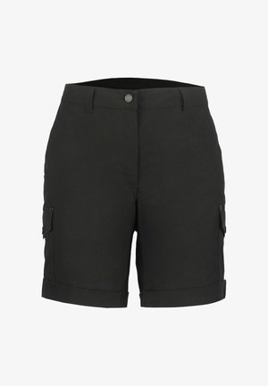 Pantalones cortos cargo negros hechos de tela ligera, con dos bolsillos laterales, dobladillos enrollados y cierre frontal de botón para un ajuste seguro.