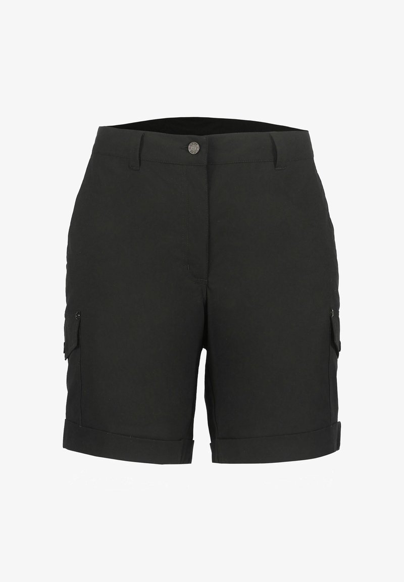 Sorte cargobukser lavet af letvægtsstof med to sidelommer, optrukne kanter og en knaplukning foran for en sikker pasform.