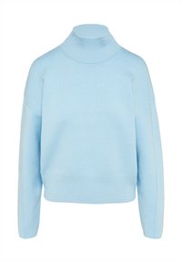 Hellblau gestrickter Pullover mit hohem Rippkragen und überschnittenen Schultern. Hat eine lockere Passform und einen gerippten Saum. Weiche, glatte Textur.