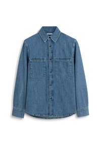 Jasnoniebieska koszula dżinsowa z długimi rękawami, zapinana na guziki, z dwoma kieszeniami na piersiach i klasycznym kołnierzykiem. Posiada lekko zaokrąglony dół.