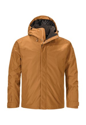 Wasserabweisende braune Jacke mit Kapuze, Frontreißverschluss und Fleece-Futter. Verfügt über seitliche Taschen und verstellbare Bündchen.