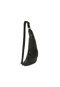 Borsa a tracolla nera in pelle con design slim, cinturino regolabile, molteplici tasche con zip e una texture liscia in tutto.