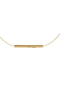 Collier en métal doré avec un pendentif cylindrique et une finition lisse et polie. Comprend une chaîne fine et flexible et un fermoir sécurisé.