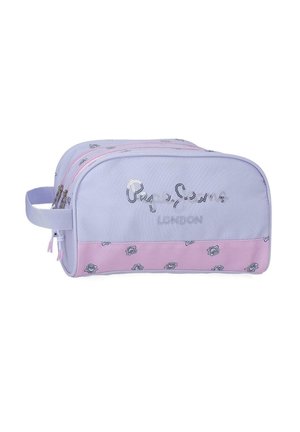 Bolso de aseo rectangular en tonos lavanda y rosa con patrón floral, compartimentos dobles con cremallera, asa lateral y logo "Pepe Jeans London" en lentejuelas.