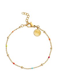 Bracciale in oro con perline multicolori e accenti circolari alternativi. Presenta un gancio a incastro e una catena regolabile per la lunghezza.
