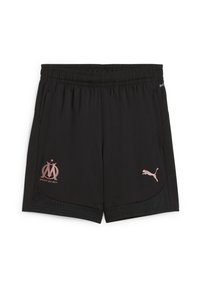 Juodos sportinės šortai, pagaminti iš drėgmę išskiriančios medžiagos, su rožiniu Marseilio logotipu ir mažuoju Puma logotipu šone.