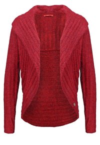 Cardigan rouge en tricot à ouverture devant, manches longues, avec un motif texturé côtelé.