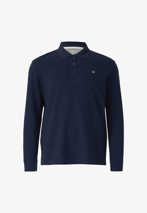 Granatowa koszulka polo z długim rękawem, z dwoma guzikami, małym logo na piersi oraz prążkowanym kołnierzykiem i mankietami.