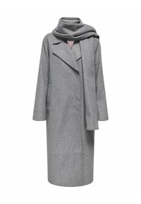 Cappotto di lana grigio con collo a scialle, maniche lunghe e sciarpa abbinata. Presenta una vestibilità comoda e tasche frontali. Tessuto morbido.