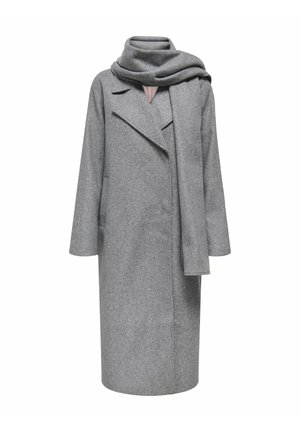 Cappotto di lana grigio con collo a scialle, maniche lunghe e sciarpa abbinata. Presenta una vestibilità comoda e tasche frontali. Tessuto morbido.