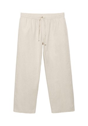 Bézs bőszárú nadrág elasztikus derékpánttal és elöl megkötős zsinórral, könnyű anyagból, hétköznapi viselésre.