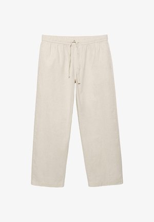 Pantaloni bej cu picioare largi, talie elastică și șnur frontal, realizați din material ușor pentru purtare casual.