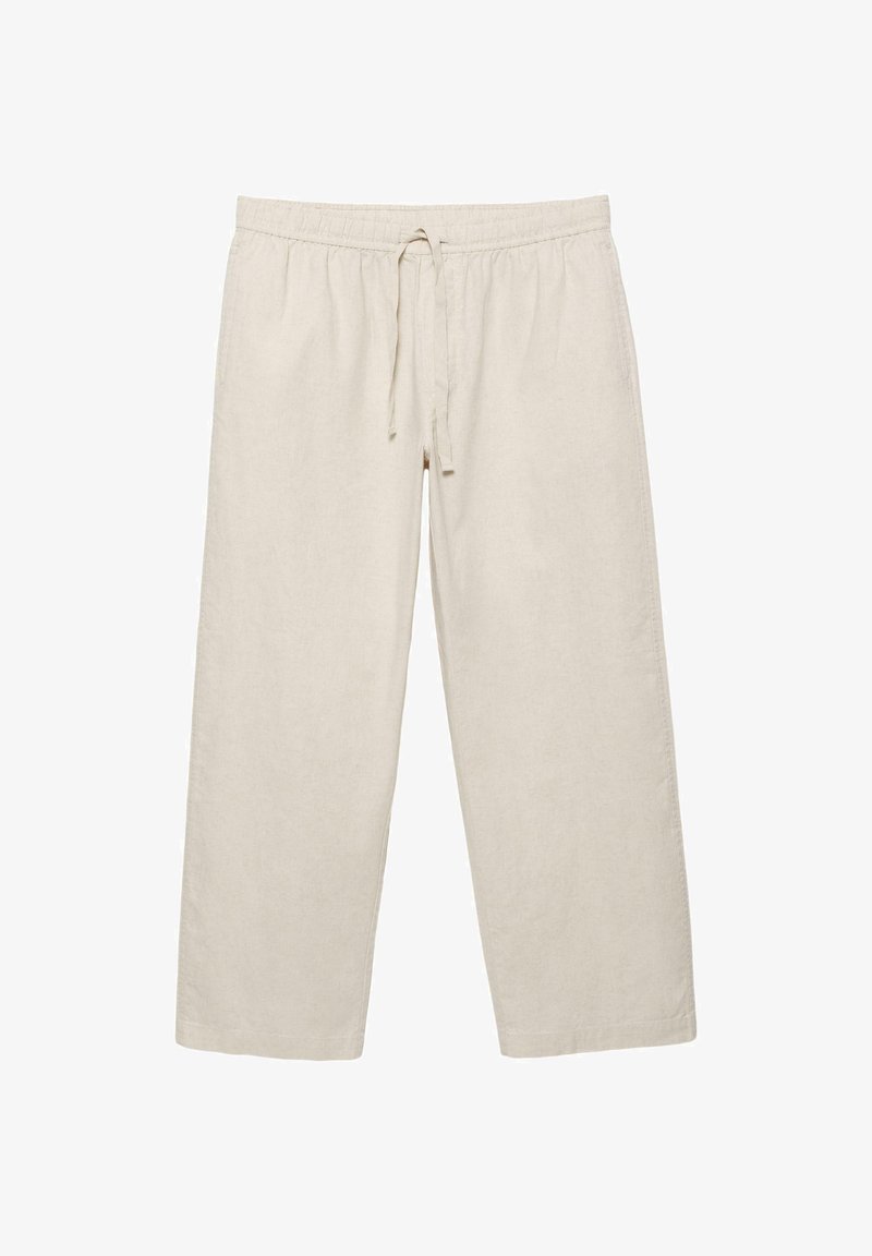 Bež široke hlače z elastičnim pasom in sprednjo zavezujočo vrvico, izdelane iz lahkega blaga za vsakodnevno nošenje.