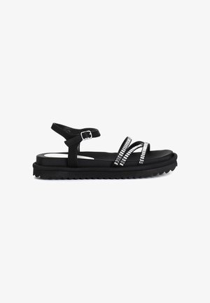 Sandale cu platformă negre, cu talpă texturată, curea ajustabilă pentru glezne și două curele proeminente cu accente argintii. Design casual pentru confort.