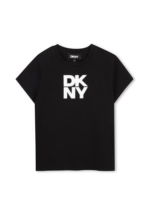 T-shirt noir à manches courtes avec logo blanc en gras "DKNY" centré sur la poitrine et col rond.