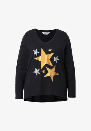 Černé tričko s dlouhým rukávem a výstřihem do V, zdobené kovovými zlatými a stříbrnými hvězdami různých velikostí, vyrobené z měkké látky s volnějším střihem.