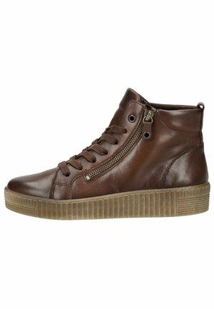 Brown leather high-top sneaker with lace-up front, side zipper, padded ankle, and textured rubber sole for grip.
